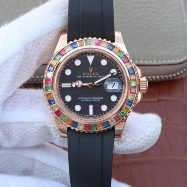 YACHT MASTER 1 GOLDEN DIAMOND BEZEL BLACK DIAL RUBBER STRAP 40MM 116695SATS - 图片 3