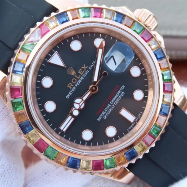 YACHT MASTER 1 GOLDEN DIAMOND BEZEL BLACK DIAL RUBBER STRAP 40MM 116695SATS - 图片 4