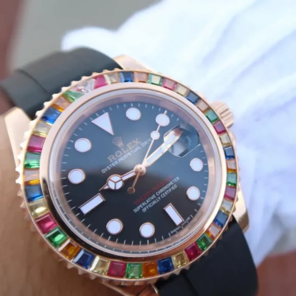YACHT MASTER 1 GOLDEN DIAMOND BEZEL BLACK DIAL RUBBER STRAP 40MM 116695SATS - 图片 8
